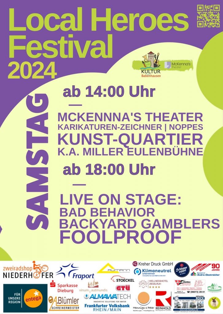 Flyer des Local Heroes-Festivals in Babenhausen mit dem Programm vom 15. Juni 2024 in der Stadtmühle Babenhausen