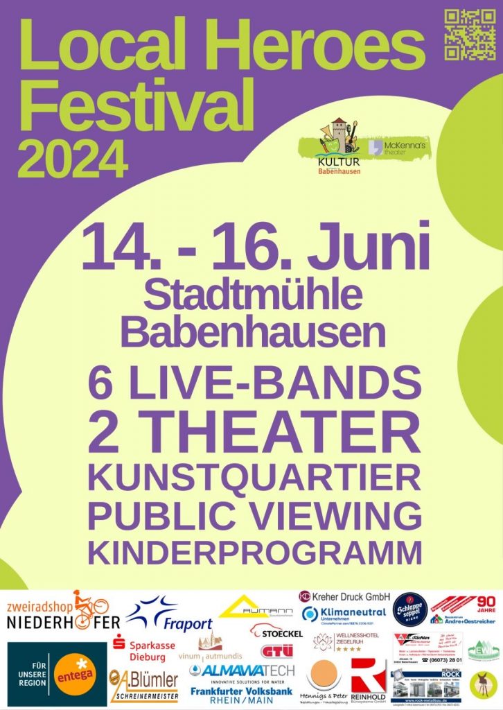 Flyer des Local Heroes-Festivals in Babenhausen mit Überblick über das Programm vom 14. bis 16. Juni 2024 in der Stadtmühle Babenhausen